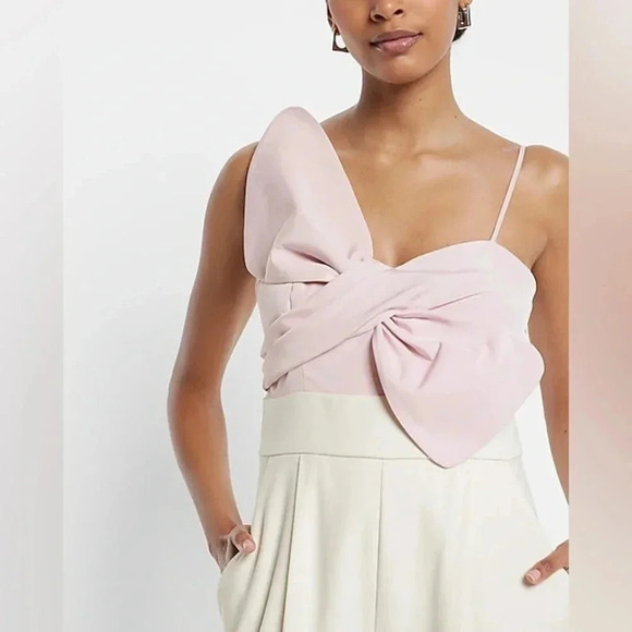 NWT Express Statement Bow Color Block Straight Leg Jumpsuit - Picture 14 of 15